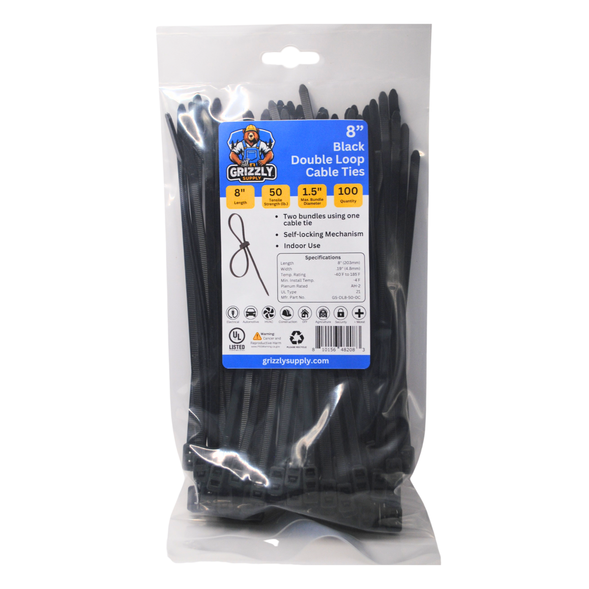 8" 50lb Black Double Loop Cable Tie 100/bag