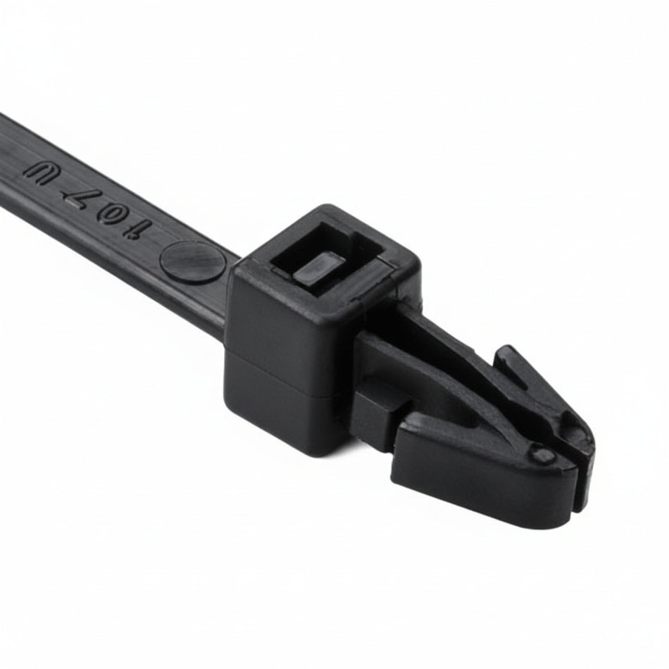 HellermannTyton 126-00045 Arrowhead Push-Mount Cable Tie, 6"L, 50lb, 0.04"–0.14" Panel Thickness, PA66HS, Black, 100/pkg