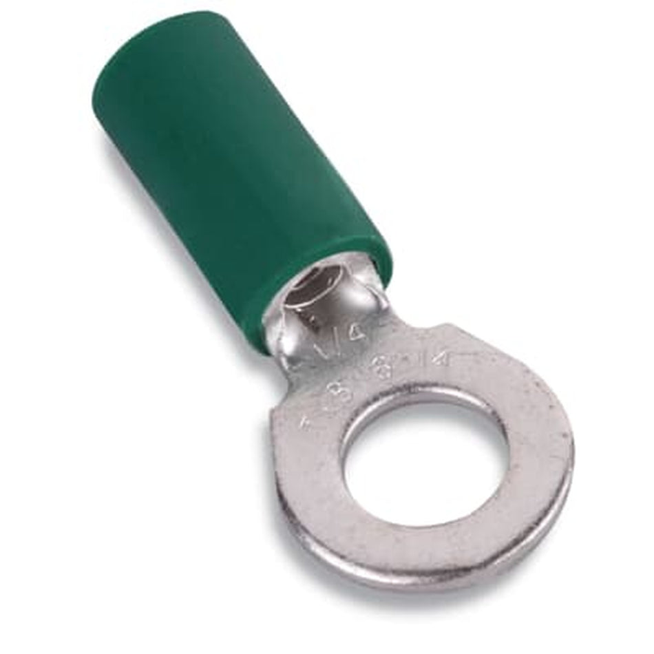 Sta-Kon Vinyl Insulated Ring Terminal, 16-14 AWG, 1/4 in Stud, Green, 50 Pack