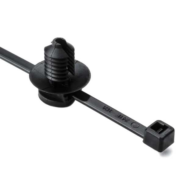 HellermannTyton 150-31090 2-Piece Cable Tie/Fir Tree Mount, 6.0"L, .26"–.28" Mounting Hole, .4"H, PA66HS, Black, 500/pkg