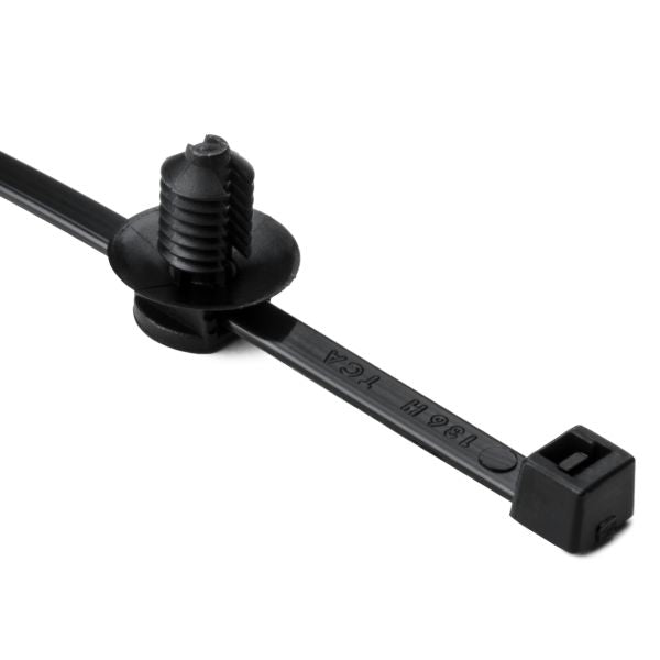 HellermannTyton 150-31093 2-Piece Cable Tie/Fir Tree Mount, 6.0"L, .25"–.28" Mounting Hole Diameter, PA66HS, Black, 500/pkg