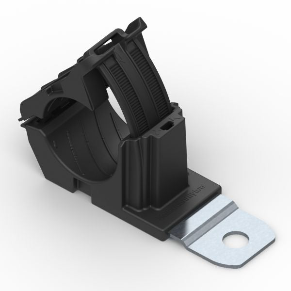 HellermannTyton 151-01475 Ratchet P-Clamp, .76"–1.42" Bundle Dia, 180° Short, .41" Hole Dia, PA66HIRHSUV/ST/ZN, Black, 160/ctn