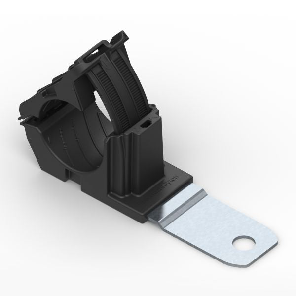 HellermannTyton 151-01478 Ratchet P-Clamp, .76"–1.42" Bundle Dia, 180° Med, .41" Hole Dia, PA66HIRHSUV/ST/ZN, Black, 140/ctn