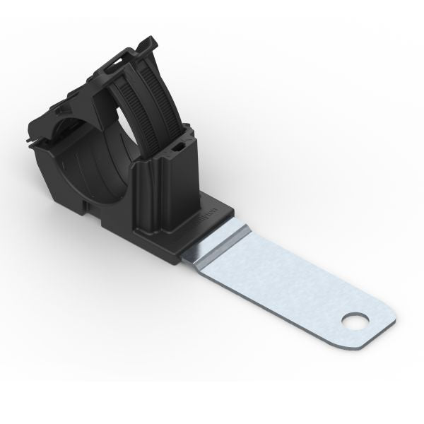HellermannTyton 151-01482 Ratchet P-Clamp, .76"–1.42" Bundle Dia, 180° Long, .51" Hole Dia, PA66HIRHSUV/ST/ZN, Black, 140/ctn