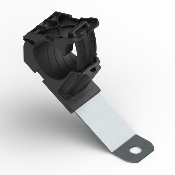 HellermannTyton 151-01489 Ratchet P-Clamp, .76"–1.42" Bundle Dia, 30° Long, .33" Hole Dia, PA66HIRHSUV/ST/ZN, Black, 140/ctn