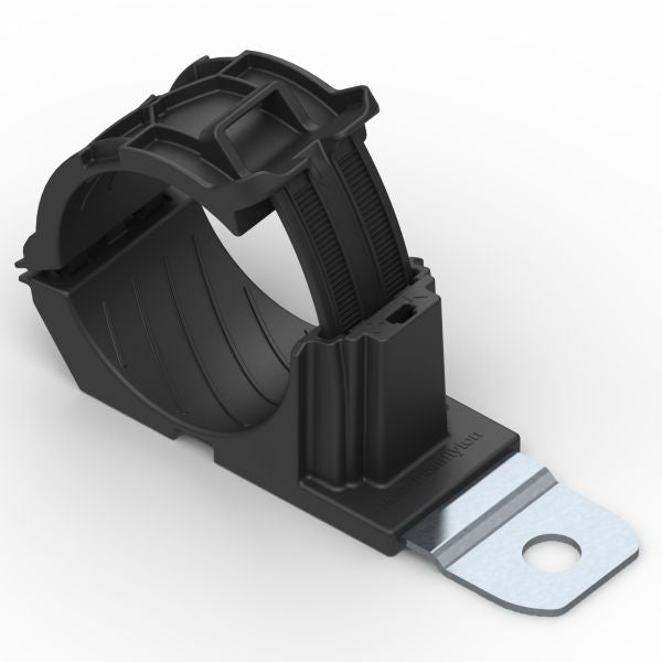 HellermannTyton 151-01499 Ratchet P-Clamp, 1.38"–2.01" Bundle Dia, 180° Short, .33" Hole Dia, PA66HIRHSUV/ST/ZN, Black,160/ctn