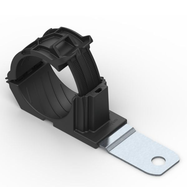 HellermannTyton 151-01503 Ratchet P-Clamp, 1.38"–2.01" Bundle Dia, 180° Med, .33" Hole Dia, PA66HIRHSUV/ST/ZN, Black, 140/ctn