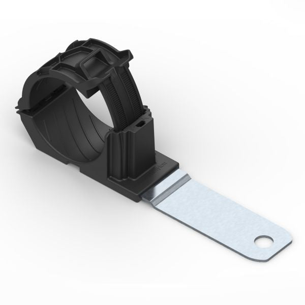 HellermannTyton 151-01506 Ratchet P-Clamp, 1.38"–2.01" Bundle Dia, 180° Long, .33" Hole Dia, PA66HIRHSUV/ST/ZN, Black, 140/ctn