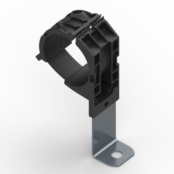 HellermannTyton 151-01628 Ratchet P-Clamp, 1.38"–2.01" Bundle Dia, 90° Long, .26" Hole Dia, PA66HIRHSUV/ST/ZN, Black, 140/ctn