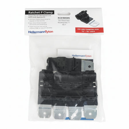 HellermannTyton 151-01671 Ratchet P-Clamp, .52"–.77" Bundle Dia, 180° Short, .26" Hole Dia, PA66HIRHSUV/ST/ZN, Black, 5/bag