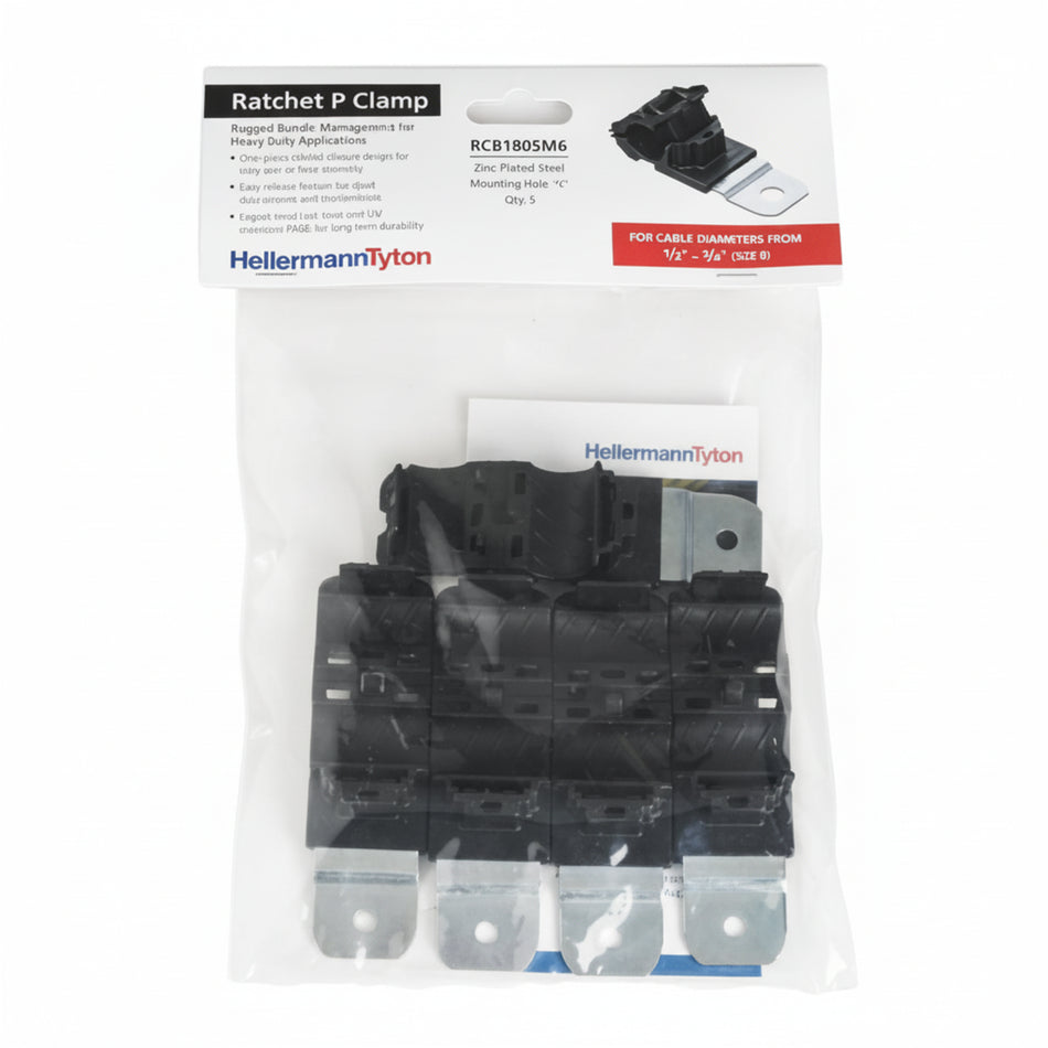 HellermannTyton 151-01671 Ratchet P-Clamp, .52"–.77" Bundle Dia, 180° Short, .26" Hole Dia, PA66HIRHSUV/ST/ZN, Black, 5/bag