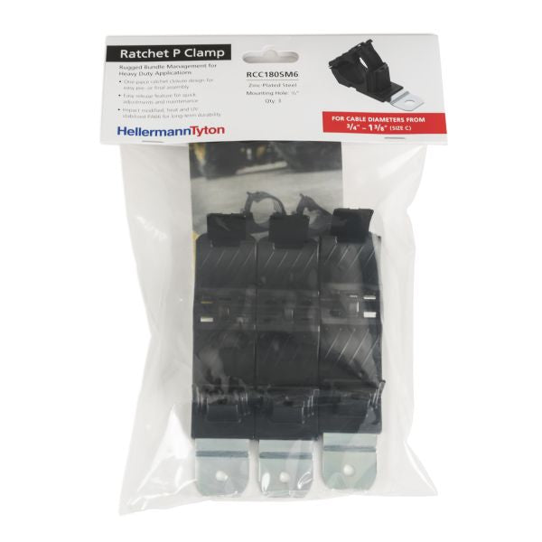 HellermannTyton 151-01672 Ratchet P-Clamp, .76"–1.42" Bundle Dia, 180° Short, .26" Hole Dia, PA66HIRHSUV/ST/ZN, Black, 3/bag