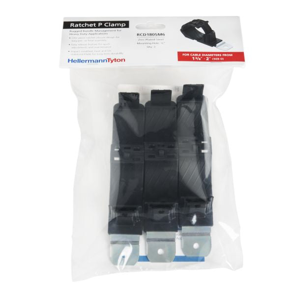 HellermannTyton 151-01673 Ratchet P-Clamp, 1.38"–2.01" Bundle Dia, 180° Short, .26" Hole Dia, PA66HIRHSUV/ST/ZN, Black, 3/bag