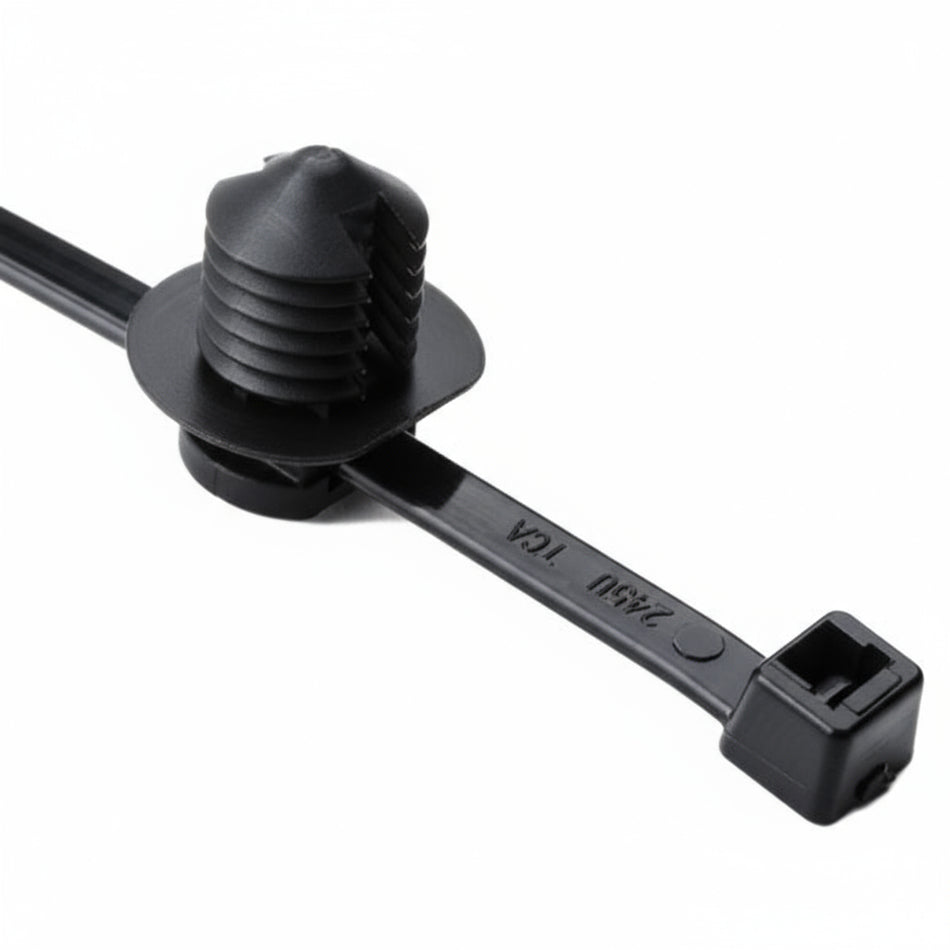 HellermannTyton 156-00092 2-Piece Cable Tie/Fir Tree Mount, 12"L, .38"–.39" Mounting Hole, 50lb, PA66HS, Black, 500/pkg