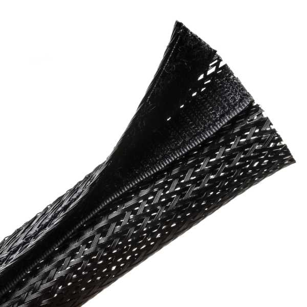 HellermannTyton 170-03156 Braided Sleeving, Hook & Loop, Flame Retardant, 2.0" Dia, PET, Black, 100 ft/bulk reel