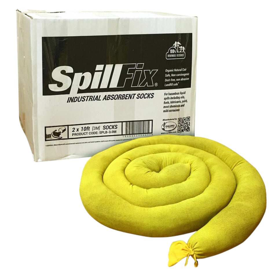 SpillFix Ultra Absorbent Boom Sock 10FT 3 Pack Coconut Coir Universal Spill Absorbent for Industrial Commercial Garage and Liquid Spill Cleanup product image