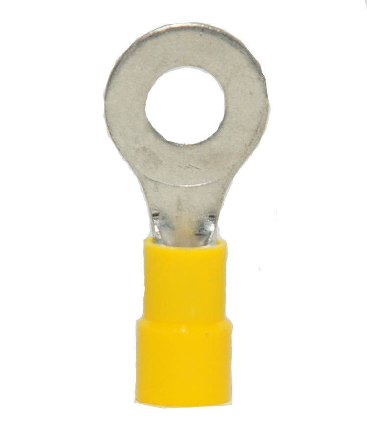 12-10 AWG Yellow Vinyl Insulated Butted Seam 1/4 Ring Terminals, 100/bag