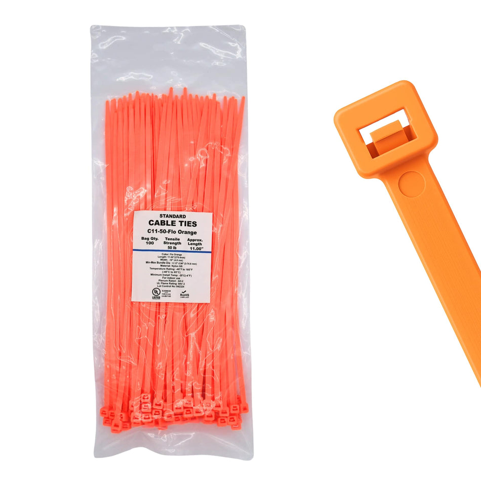 11" 50lb Florescent Orange Cable Ties 100/bag Part # C11-50-Flo Orange