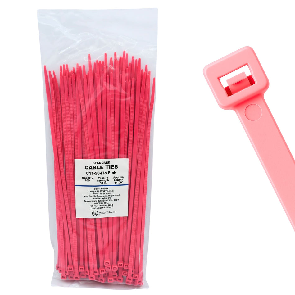 11" 50lb Florescent Pink Cable Ties 100/bag Part # C11-50-Flo Pink