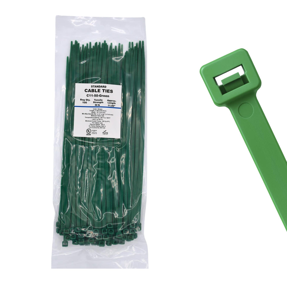 11" 50lb Green Cable Ties 100/bag Part # C11-50-Green