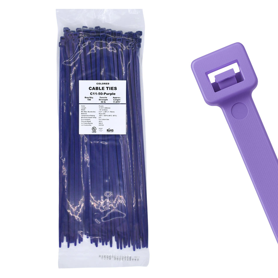 11" 50lb Purple Cable Ties 100/bag Part # C11-50-Purple