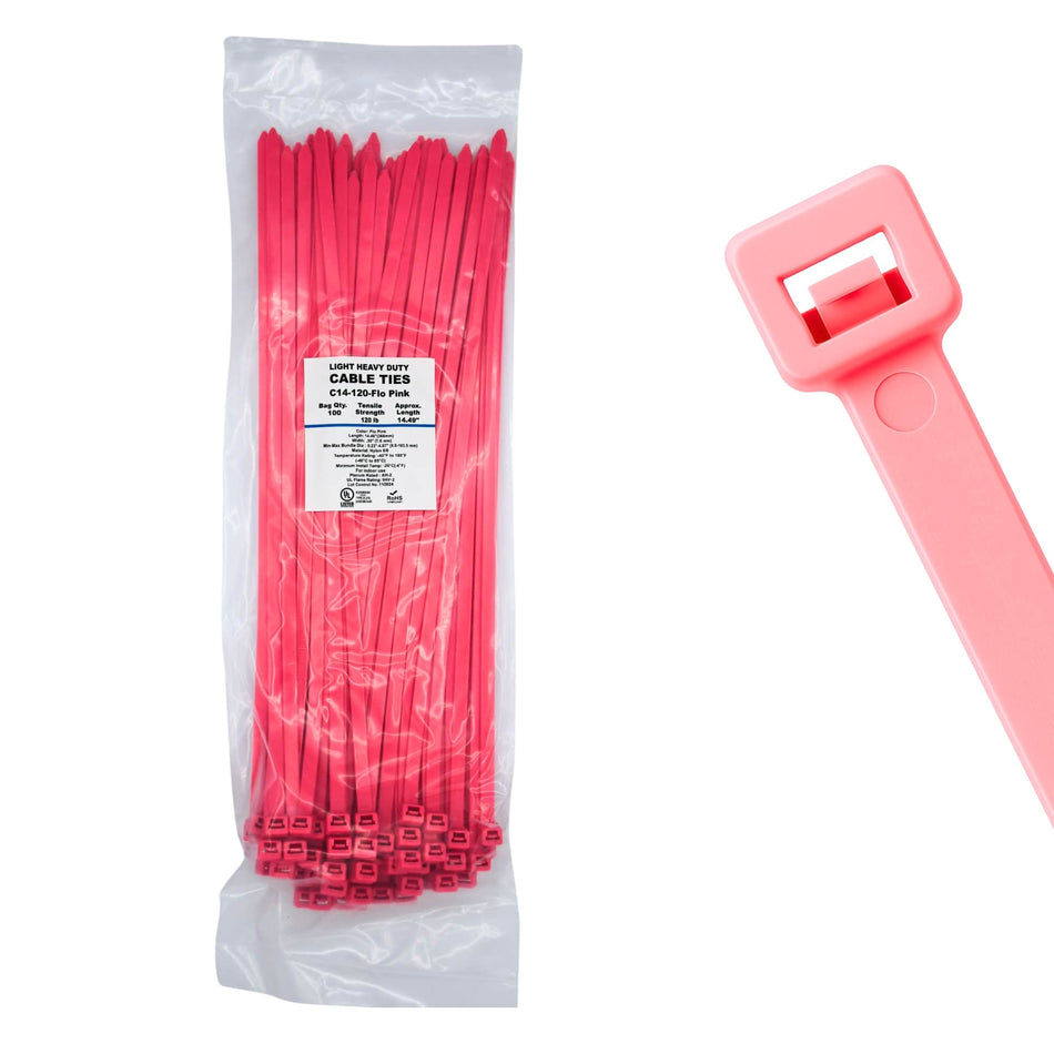 14" 120lb Florescent Pink Cable Ties 100/bag Part # C14-120-Flo Pink