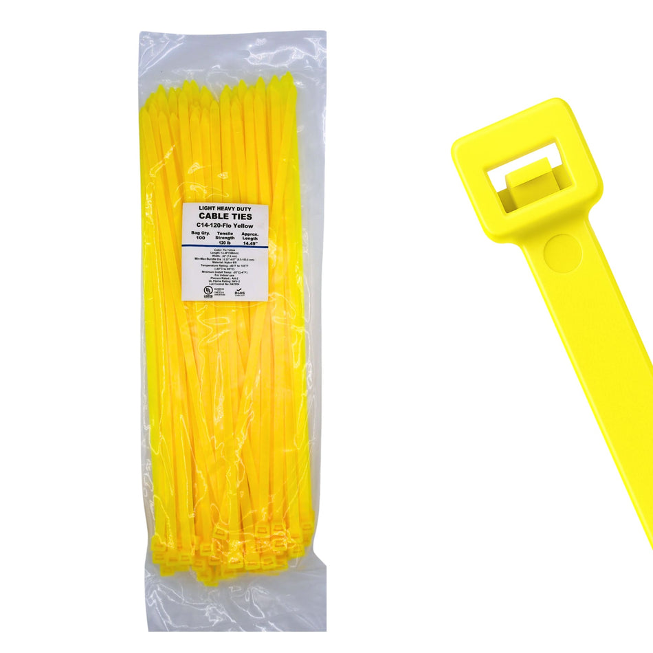 14" 120lb Florescent Yellow Cable Ties 100/bag Part # C14-120-Flo Yellow