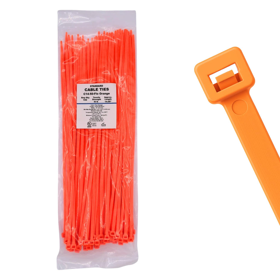 14" 50lb Florescent Orange Cable Ties 100/bag Part # C14-50-Flo Orange