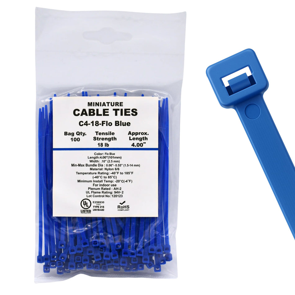 4" 18lb Florescent Blue Cable Ties 100/bag Part # C4-18-Flo Blue