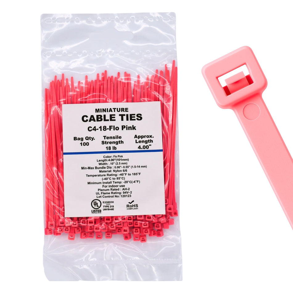 4" 18lb Florescent Pink Cable Ties Part # C4-18-Flo Pink 100/Bag