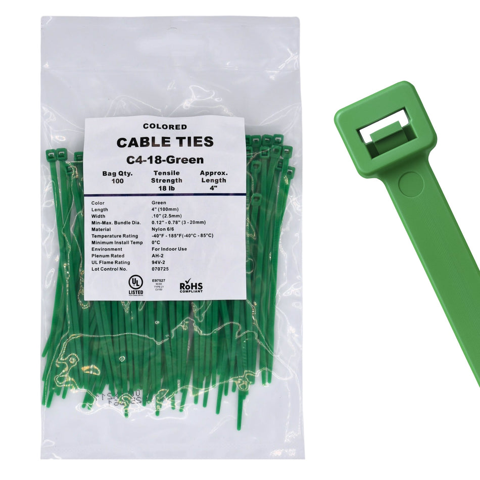 4" 18lb Green Cable Ties 100/bag Part # C4-18-Green