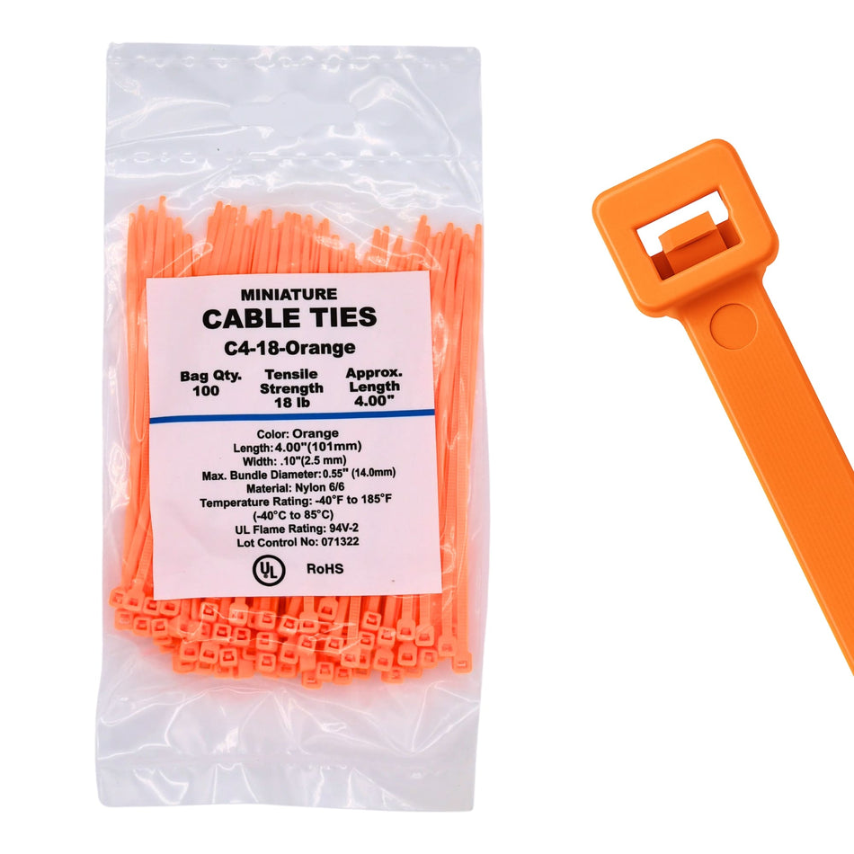 4" 18lb Orange Cable Ties 100/bag Part # C4-18-Orange