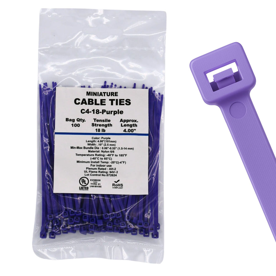 4" 18lb Purple Cable Ties 100/bag Part # C4-18-Purple