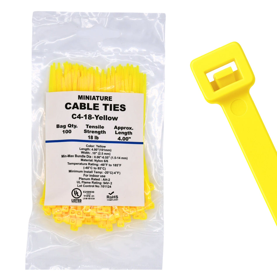 4" 18lb Yellow Cable Ties 100/bag Part # C4-18-Yellow