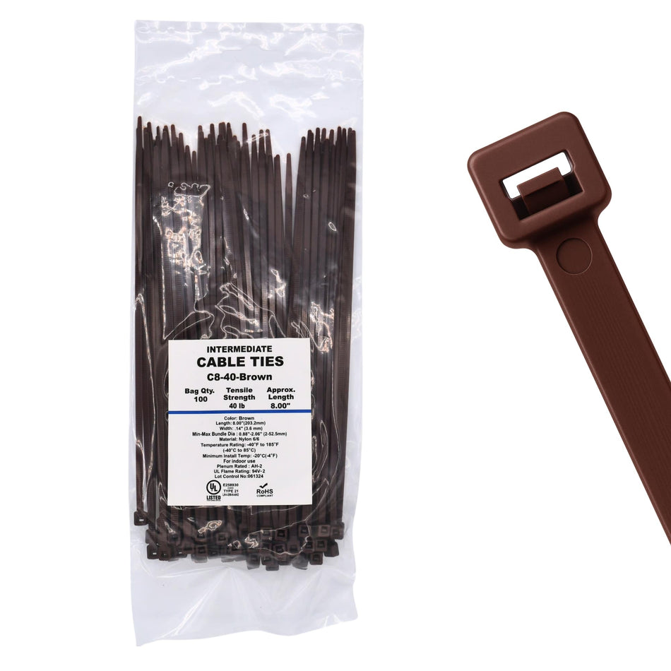 8" 40lb Brown Cable Ties 100/bag Part # C8-40-Brown