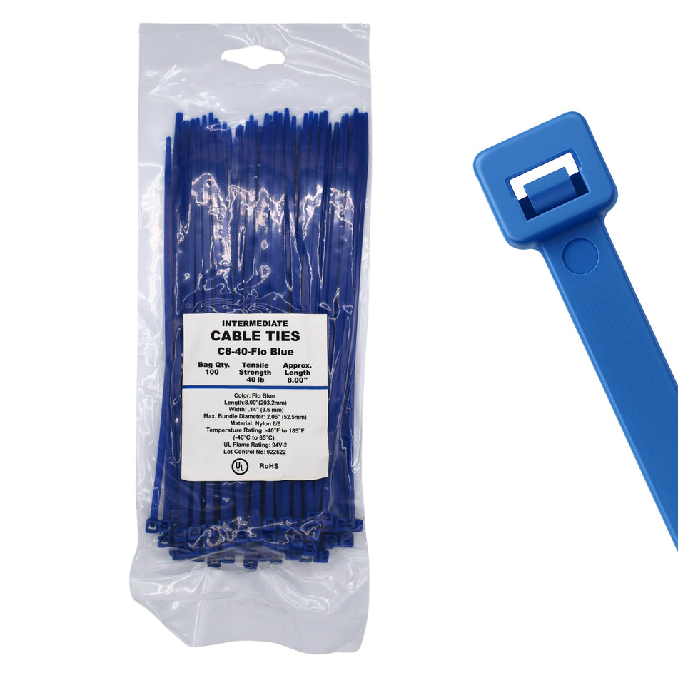 8" 40lb Florescent Blue Cable Ties 100/bag Part # C8-40-Flo Blue