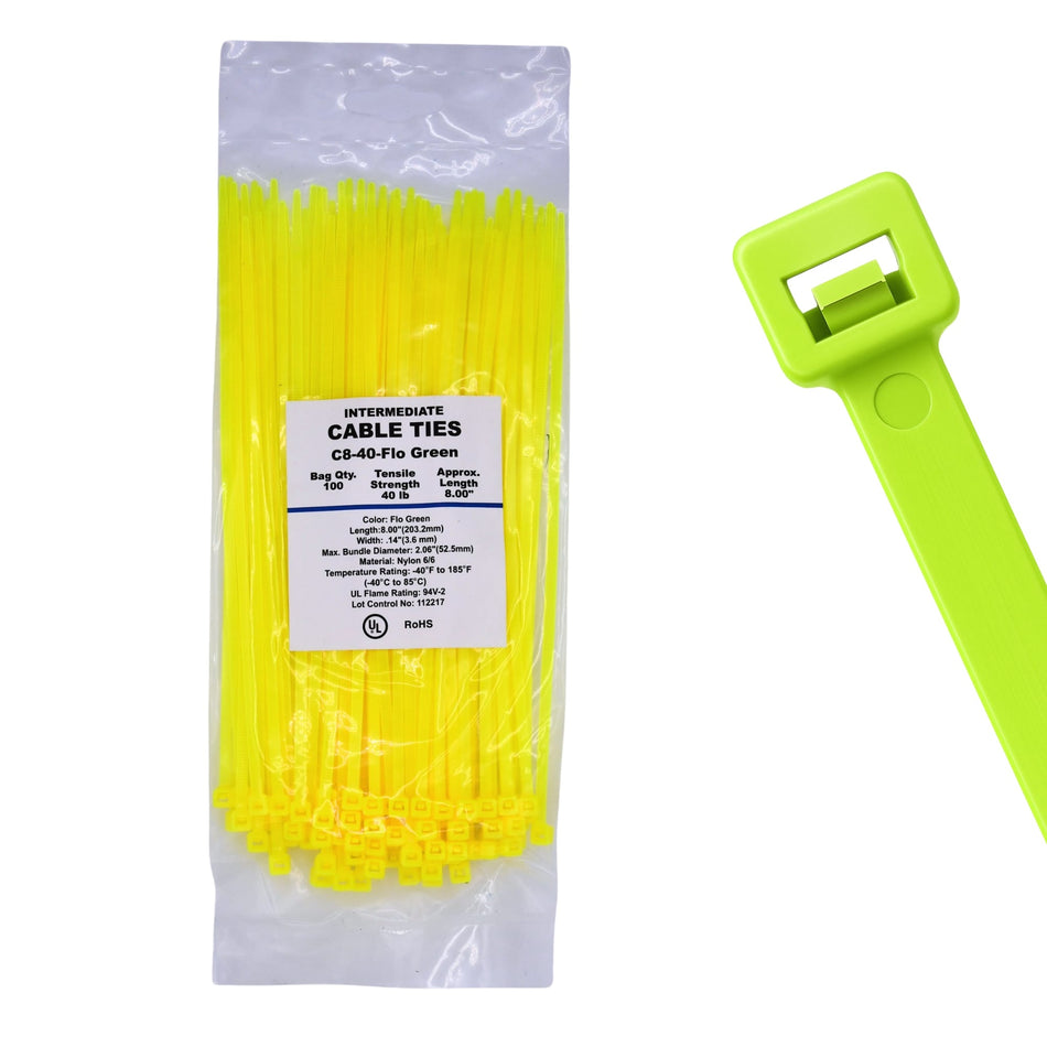 8" 40lb Florescent Green Cable Ties 100/bag Part # C8-40-Flo Green