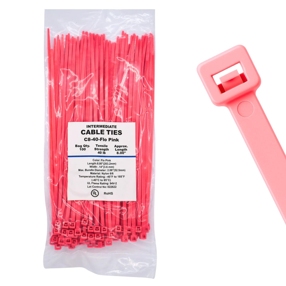 8" 40lb Florescent Pink Cable Ties 100/bag Part # C8-40-Flo Pink