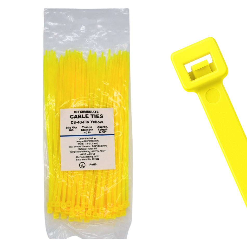 8" 40lb Florescent Yellow Cable Ties 100/bag Part # C8-40-Flo Yellow