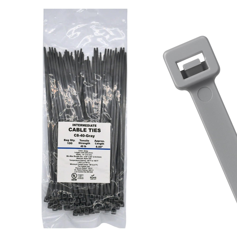 8" 40lb Grey Cable Ties 100/bag Part # C8-40-Grey