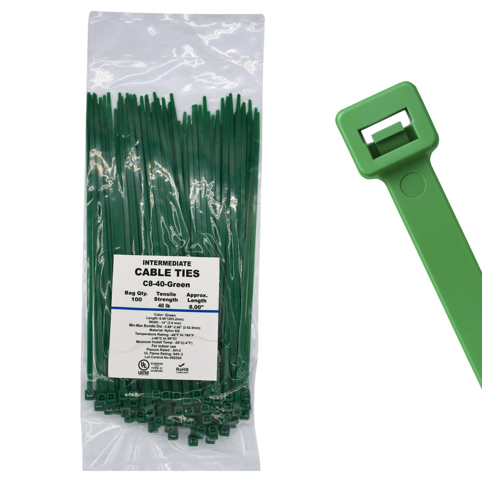 8" 40lb Green Cable Ties 100/bag Part # C8-40-Green