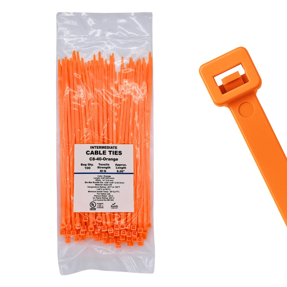 8" 40lb Orange Cable Ties 100/bag Part # C8-40-Orange