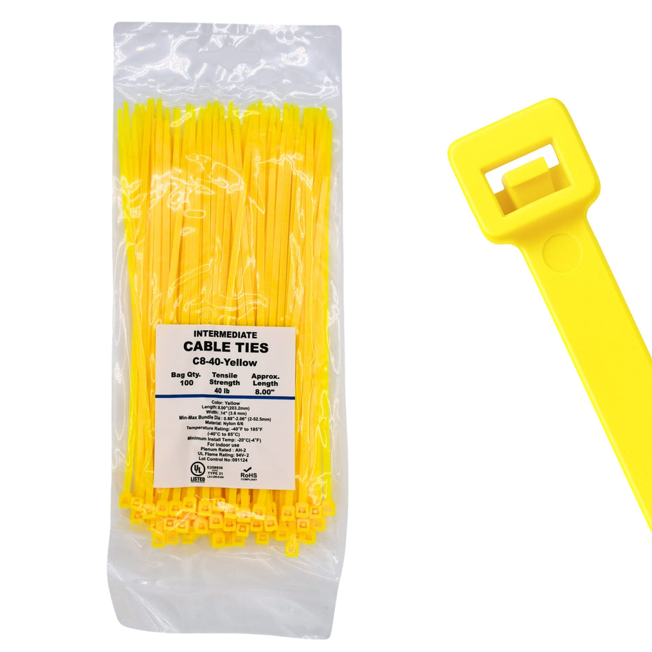 8" 40lb Yellow Cable Ties 100/bag Part # C8-40-Yellow