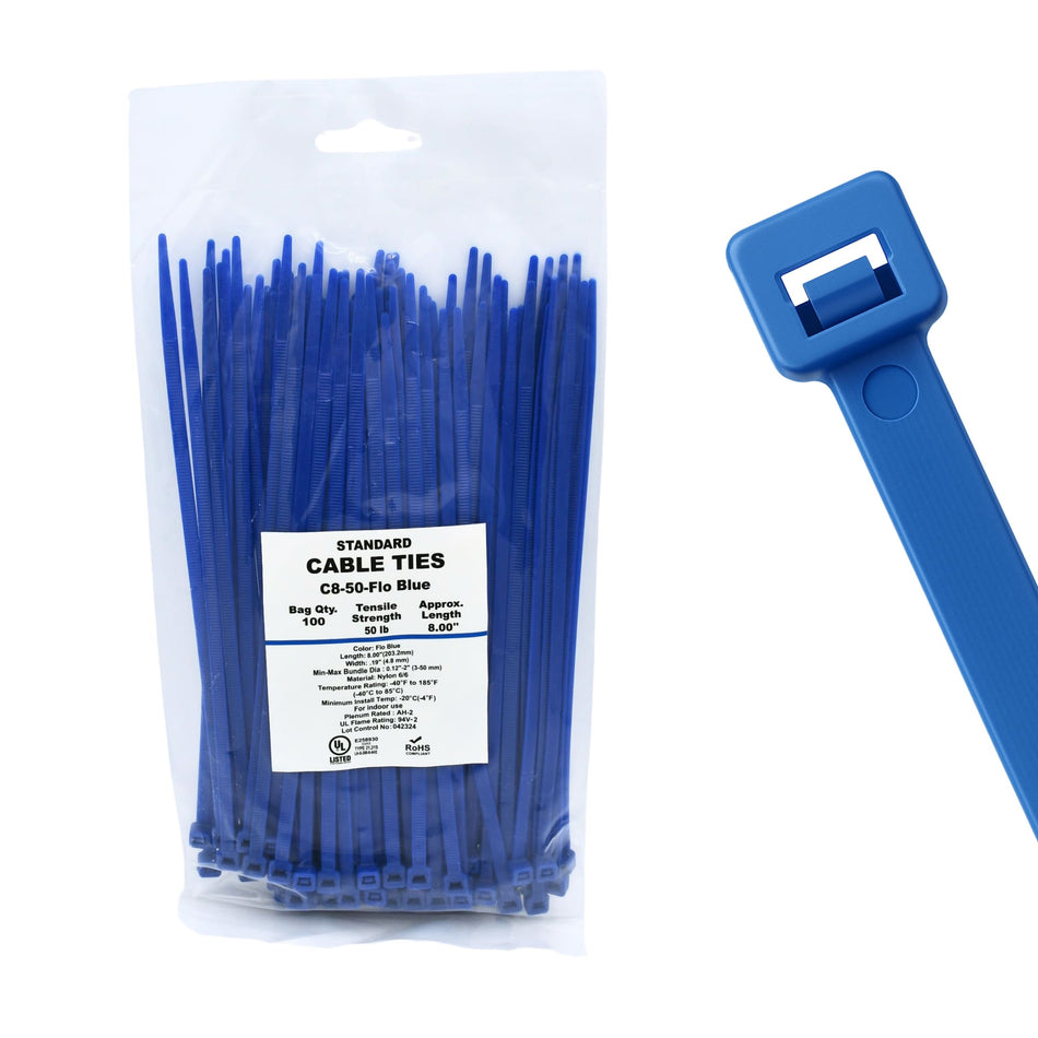 8" 50lb Florescent Blue Cable Ties 100/bag Part # C8-50-Flo Blue