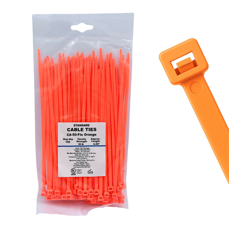 8" 50lb Florescent Orange Cable Ties 100/bag Part # C8-50-Flo Orange