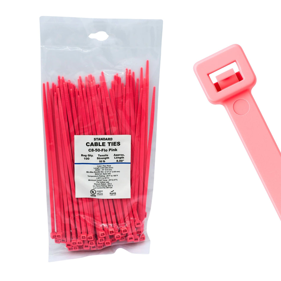 8" 50lb Florescent Pink Cable Ties 100/bag Part # C8-50-Flo Pink