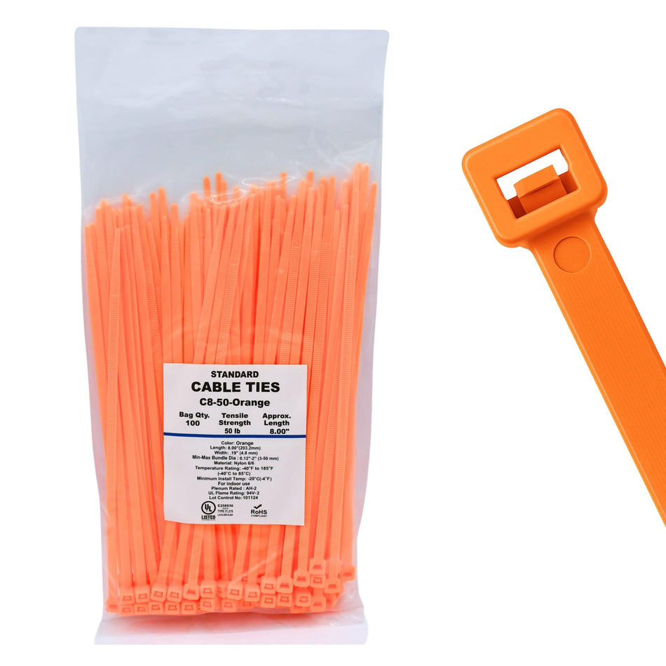 8" 50lb Orange Cable Ties 100/bag Part # C8-50-Orange