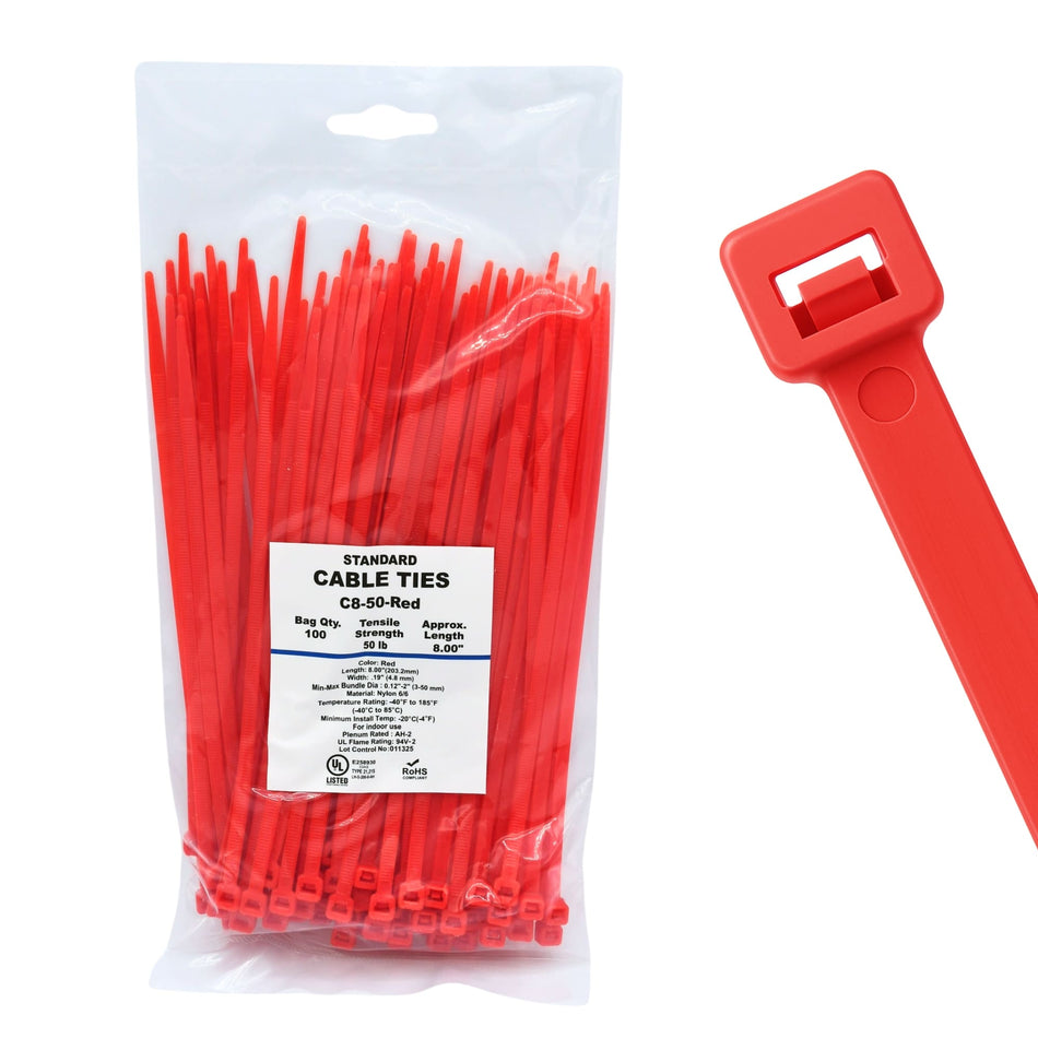 8" 50lb Red Cable Ties 100/bag Part # C8-50-Red