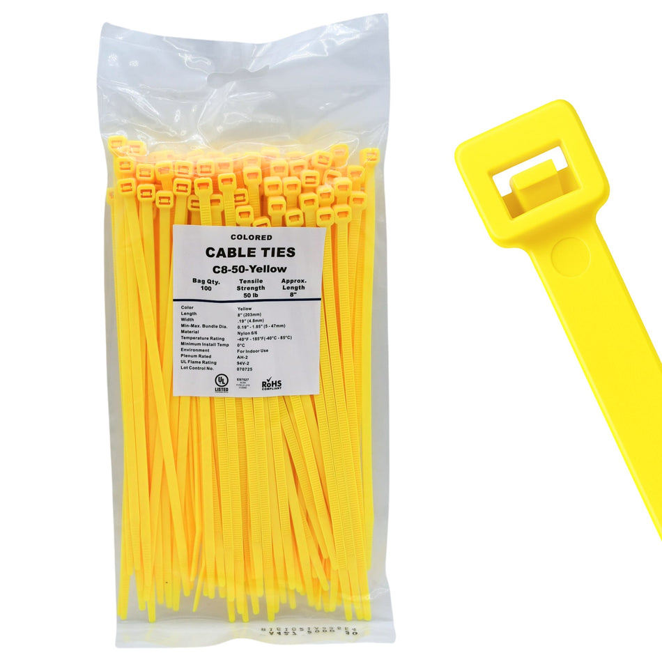 8" 50lb Yellow Cable Ties 100/bag Part # C8-50-Yellow