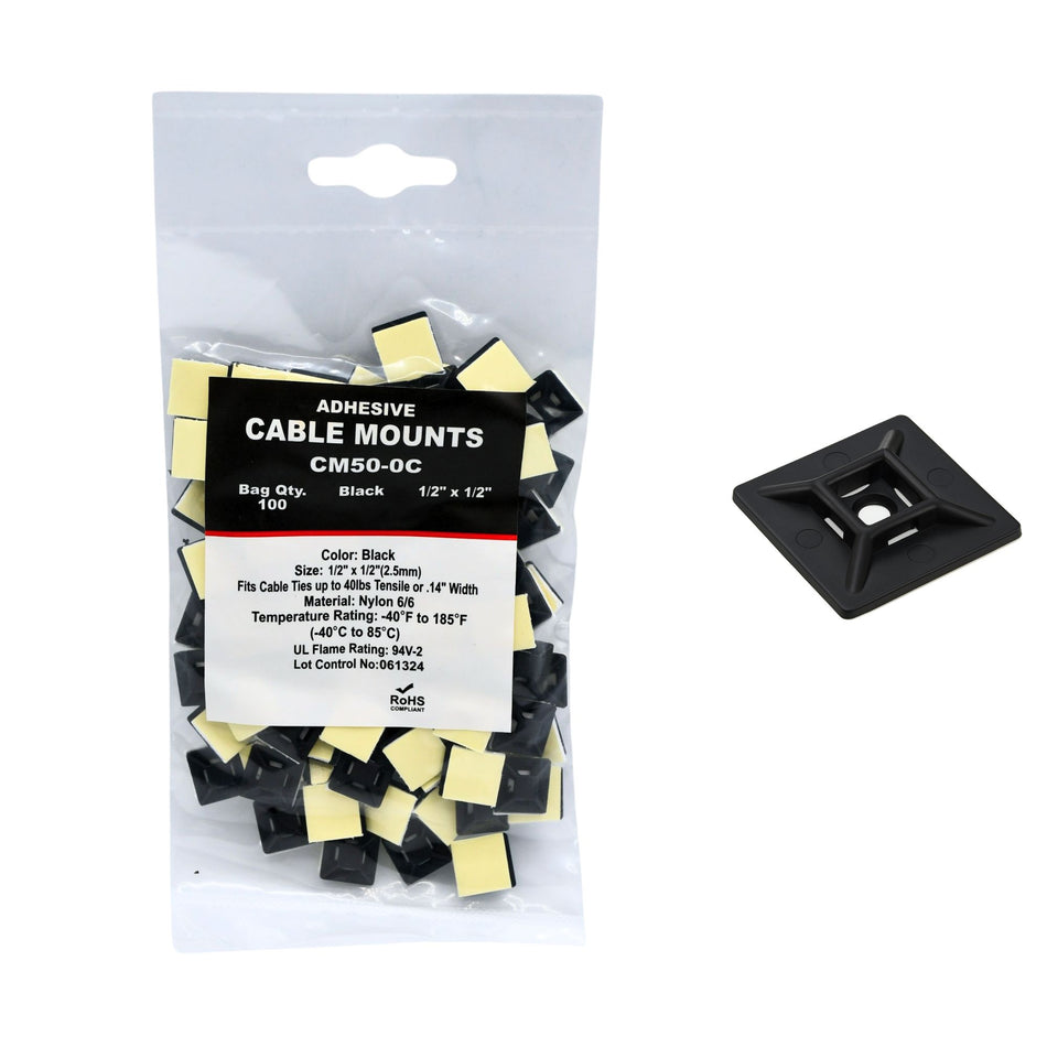 .50" UV Black Adhesive Cable Tie Mounts 100/bag Part # CM50-0C